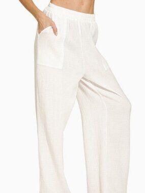 Zenana Boho Woven Crinkle Wide Leg Pants Off White Gauze Beachy Pockets Small